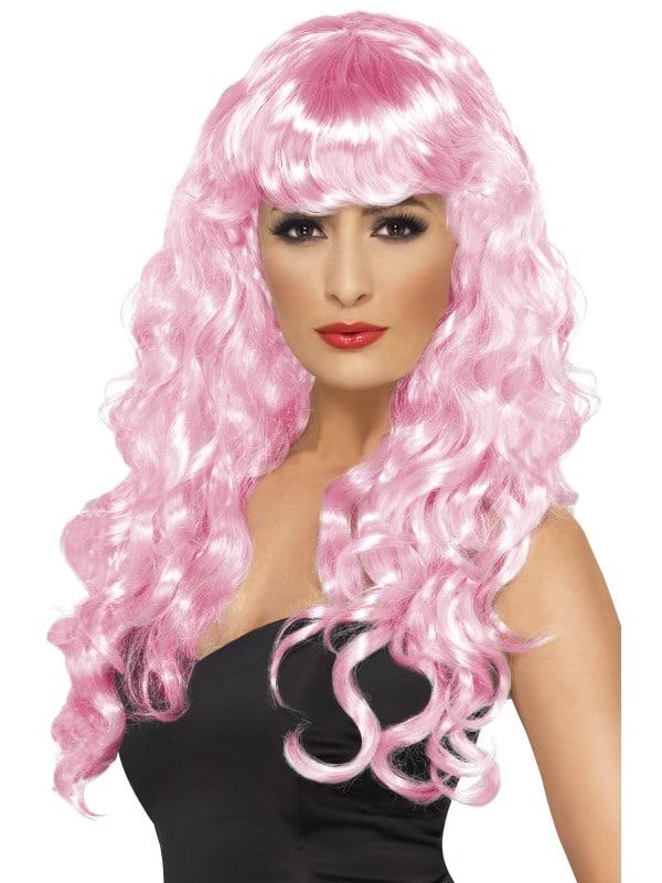 Pink Siren Wig, Long, Curly with Fringe
