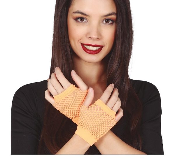 Adults Orange Short Fishnet Gloves