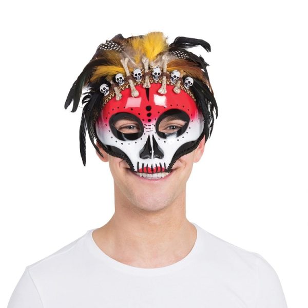 Voodoo Half Face Mask With Feathers And Skulls 