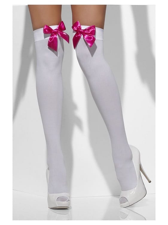 White Opaque Hold-Ups With Pink Bows