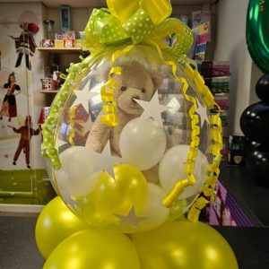 Bear in balloon with yellow Ribbons and Balloons to match