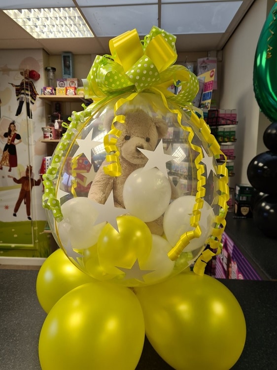 Bear in balloon with yellow Ribbons and Balloons to match