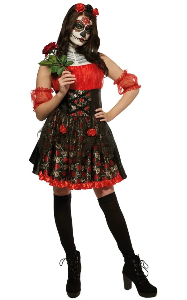 Day of the Dead Womens Red Rose Costume Large