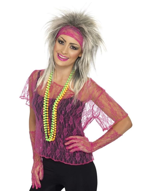 Lace Net Vest With Gloves And Headband – Neon Pink